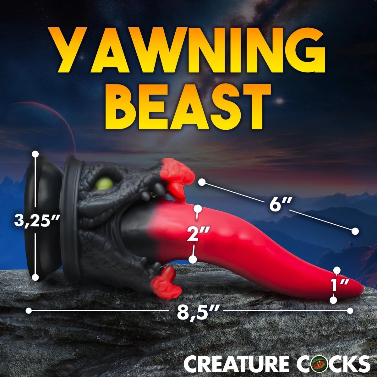 Dildo labeled 'Yawning Beast' with measurements against a mountainous background