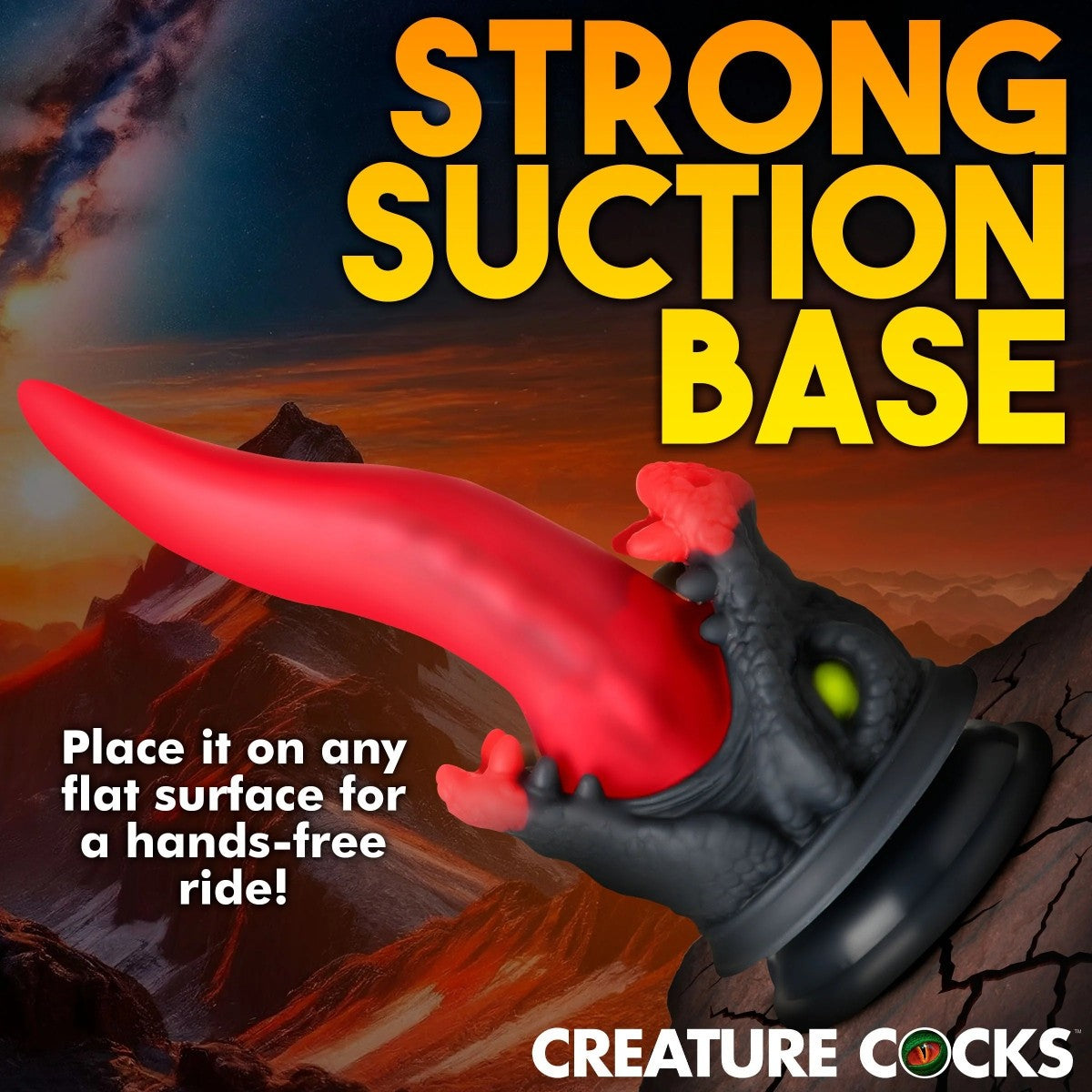 dildo with suction cup on a mountainous background, labeled 'Strong Suction Base' and 'Creature Cocks'.