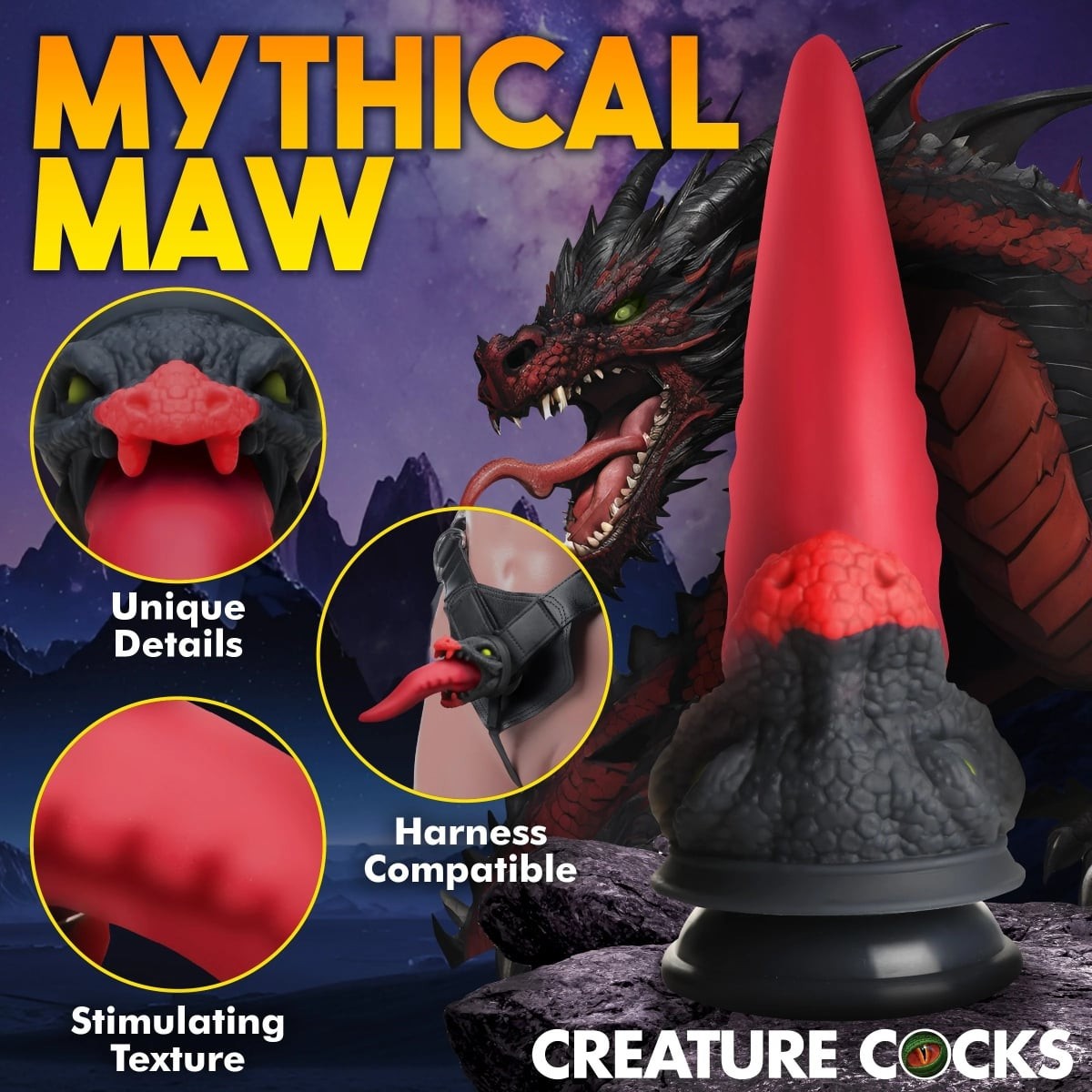 Dragon-shaped sex toy with red and black details, labeled 'Mythical Maw', on a dark background.