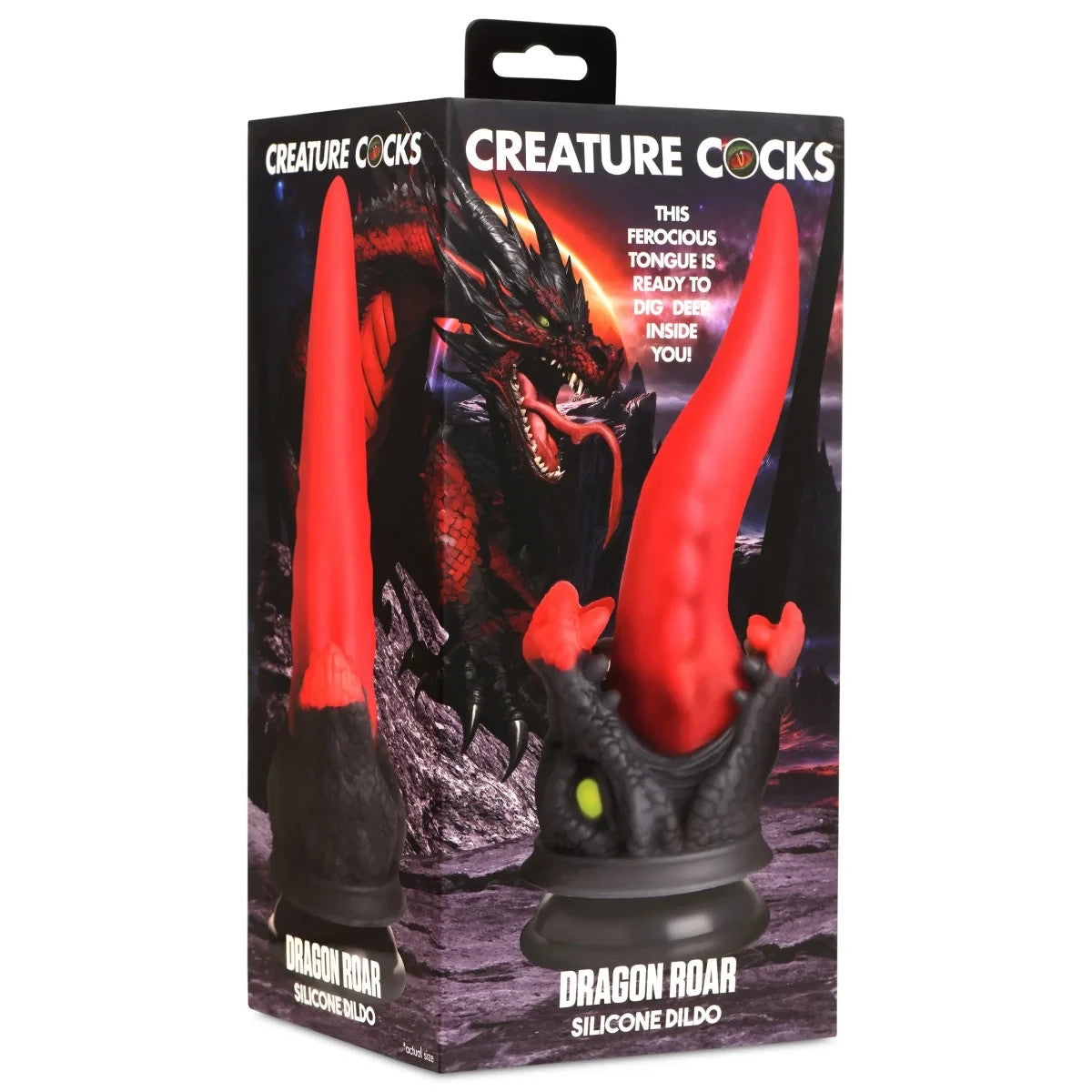 Silicone dildo packaging with dragon design and red accents on a black background