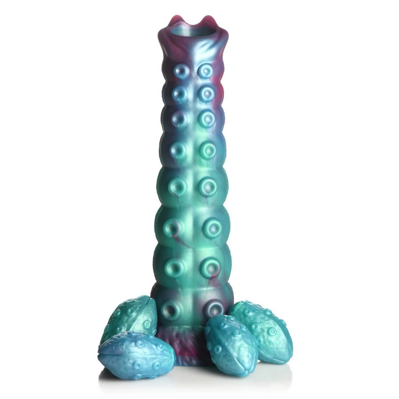Colorful textured sex toy on a white background