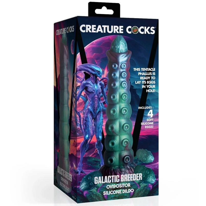 Silicone dildo packaging with alien design and 'Creature Cocks' branding