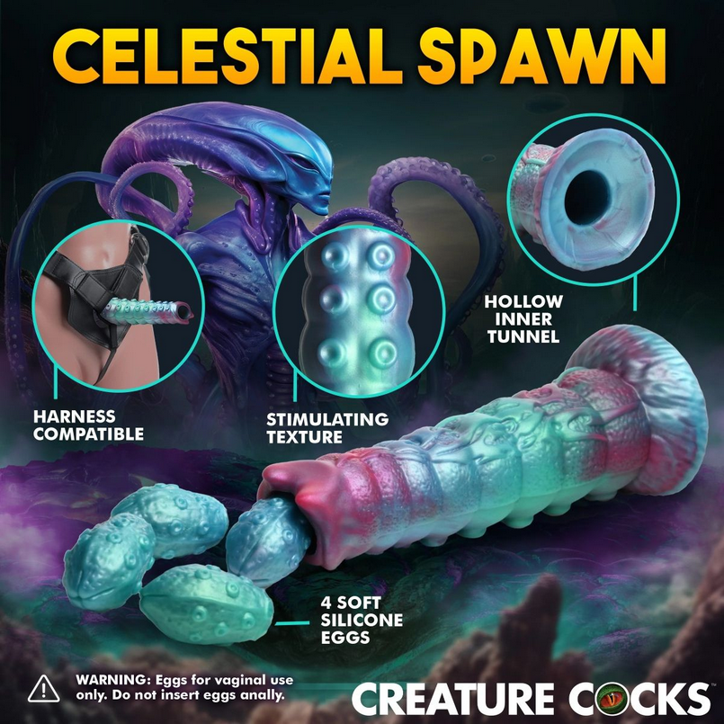 Sexual product with text 'Celestial Spawn' and 'Creature Cocks' branding, featuring close-up details.