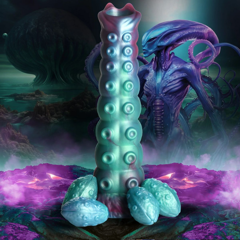Fantasy creature dildo with a glowing green and purple body in a mystical landscape