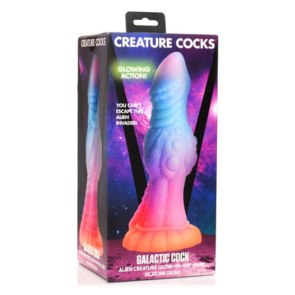Silicone dildo packaging with 'Creature Cocks' branding and glowing action text.