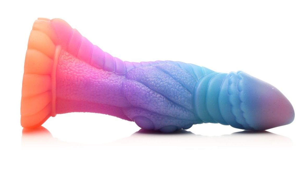 Multicolored silicone dildo on a white background