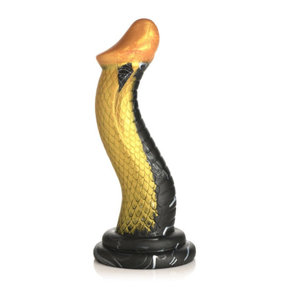 Dildo resembling a stylized snake with gold and black colors on a white background