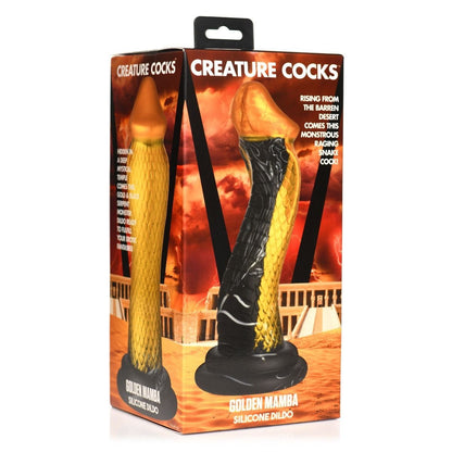 Package of 'Creature Cocks' Golden Mamba silicone dildo with desert scene background