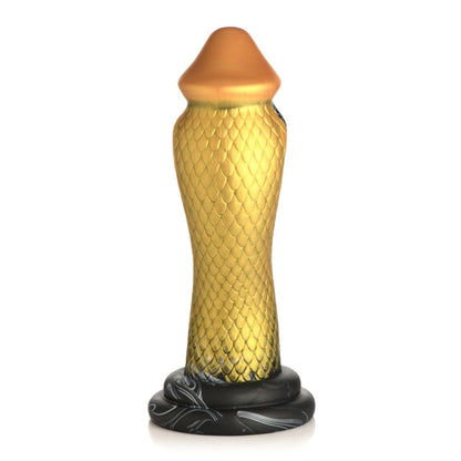 Decorative dildo with gold textured body and black base on a white background