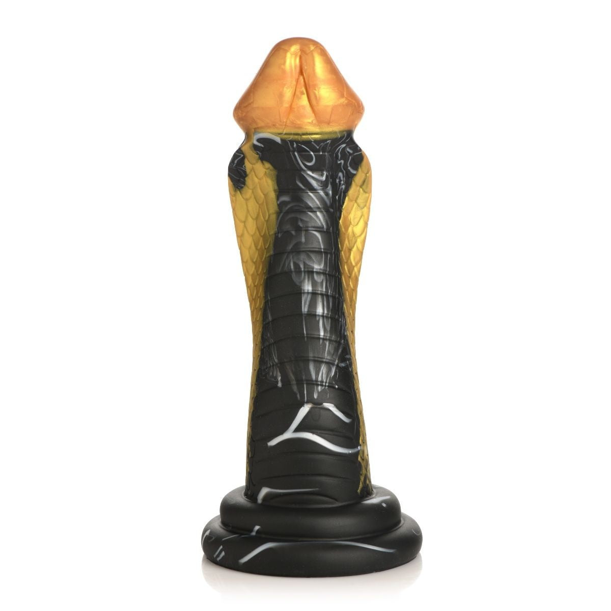 Decorative dildo resembling a snake with a gold head on a white background