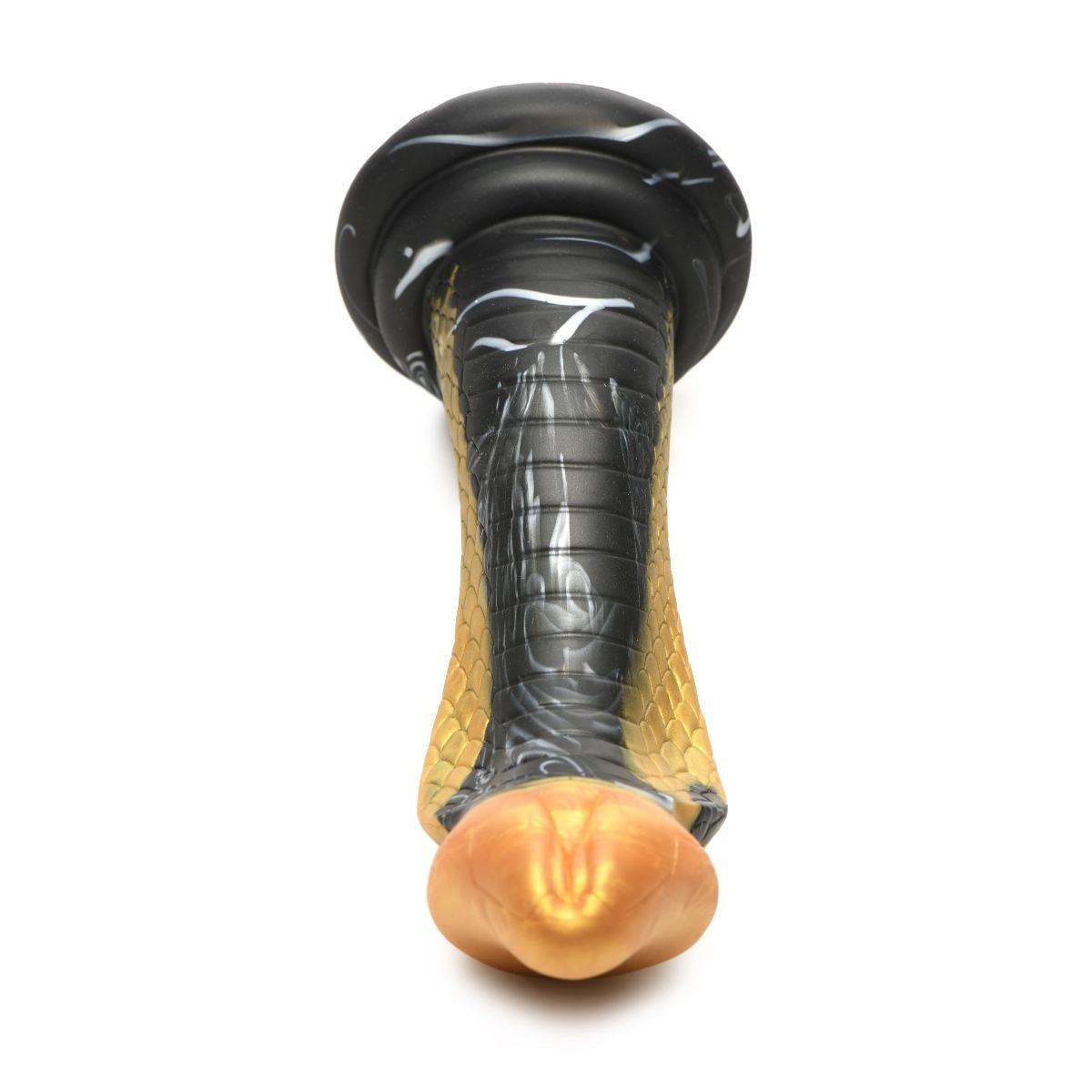 Close-up of a black and gold dildo on a white background