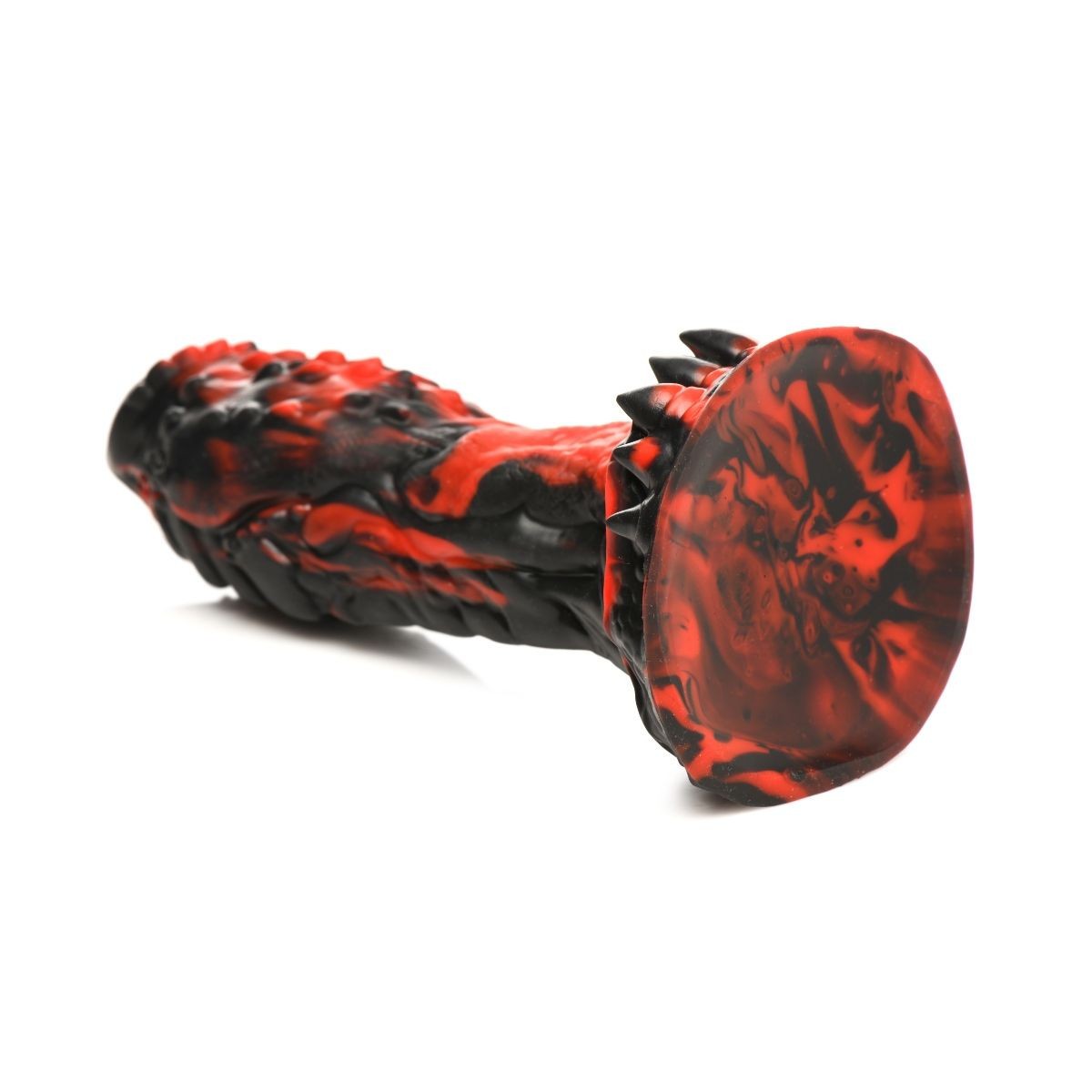 Red and black marbled dildo on a white background
