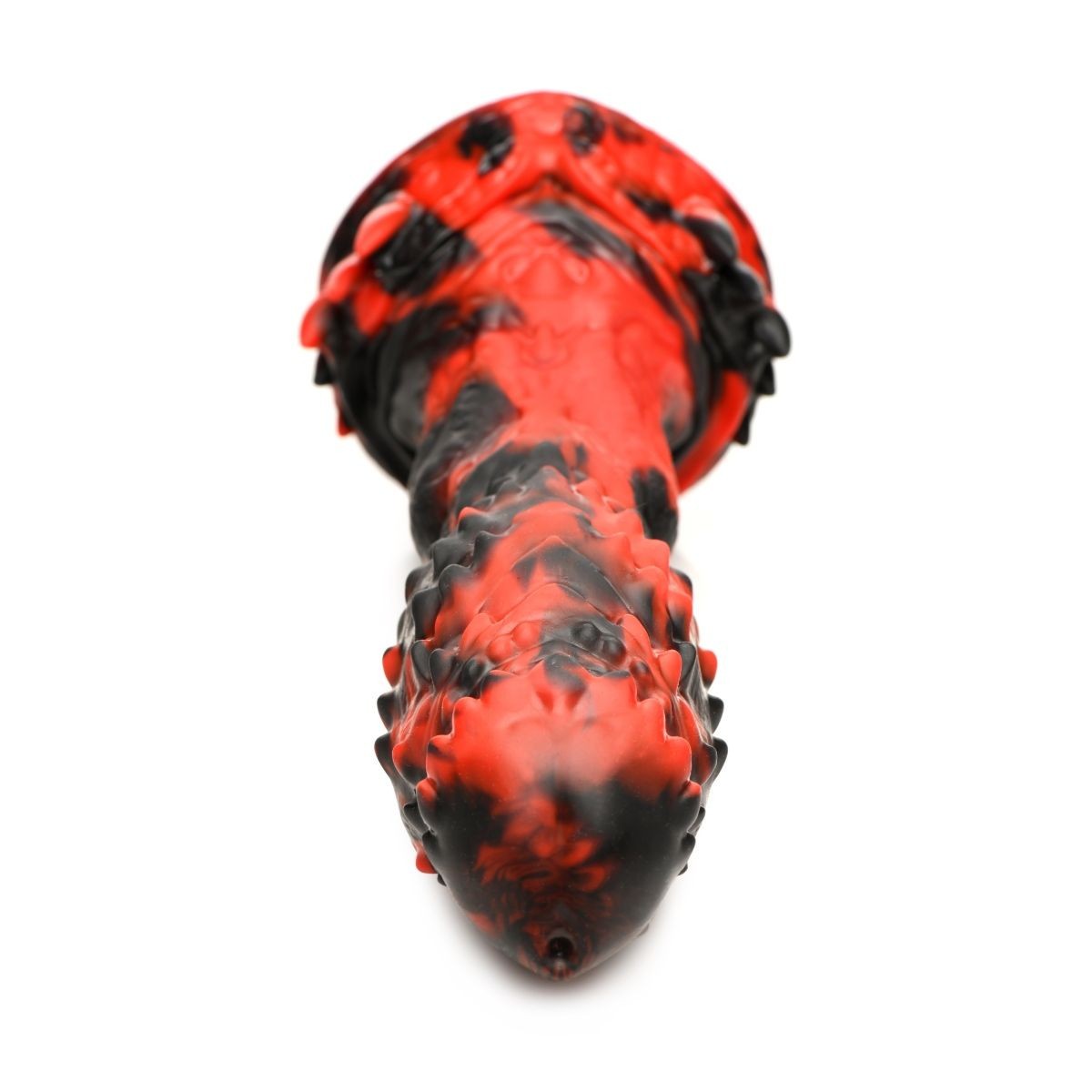 Red and black textured dildo on a white background