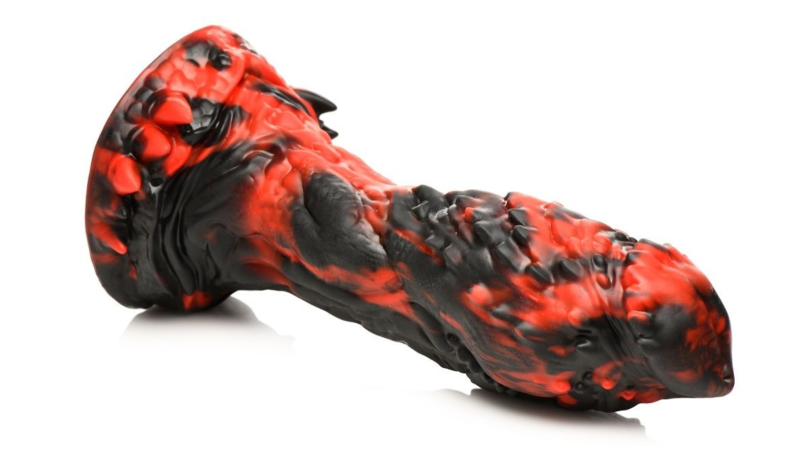 Red and black textured sex toy on a white background