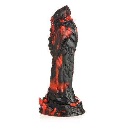 Black and red dildo on a white background
