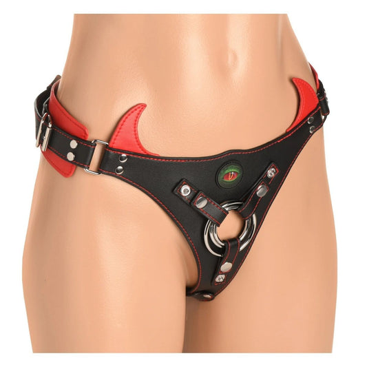 Black and red harness with metal rings on a white background