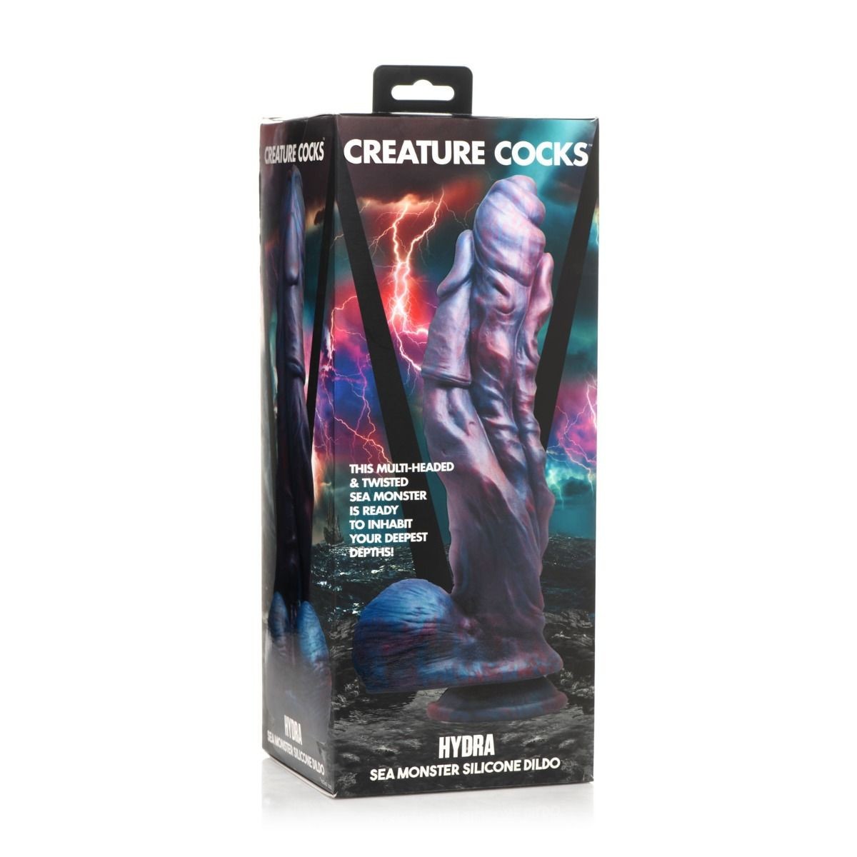 Box of a 'Creature Cocks' sea monster silicone dildo with colorful design and text.