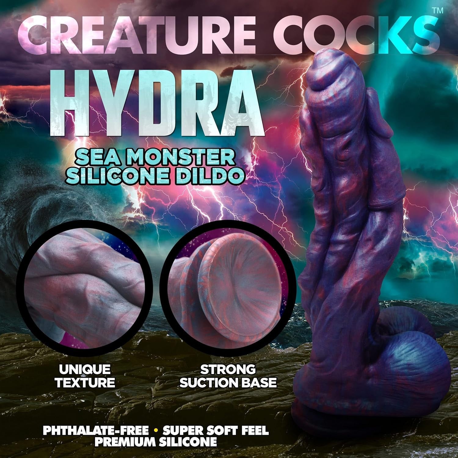 Silicone dildo with 'Creature Cocks' branding and product details on a colorful background.