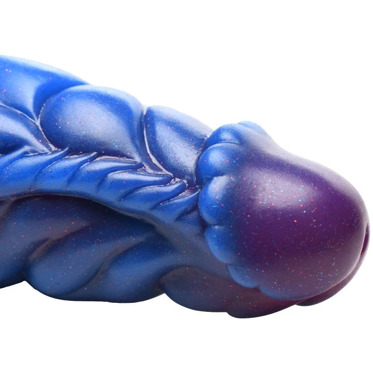 Blue and purple textured dildo on a white background