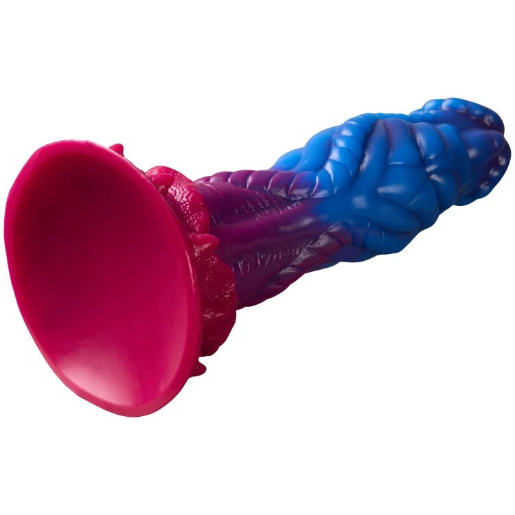 Multicolored silicone dildo on a white background