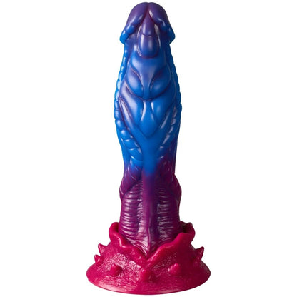 Blue and pink dragon-like dildo on a white background