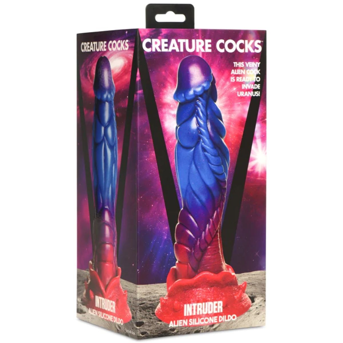 Package of 'Creature Cocks' alien silicone dildo with colorful design