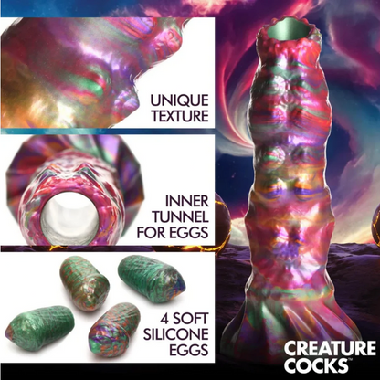 Colorful silicone product with text highlighting unique texture and features, branded 'Creature Cocks'.