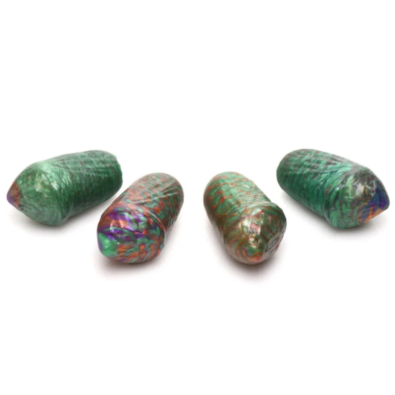 Five multicolored eggs on a white background
