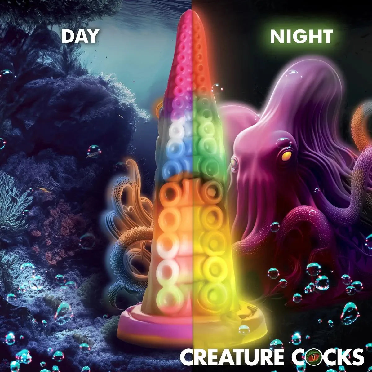 Colorful creature clock showing day and night on a dark underwater background with an octopus.