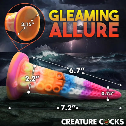 Colorful product with measurements against a dark, stormy background with lightning.
