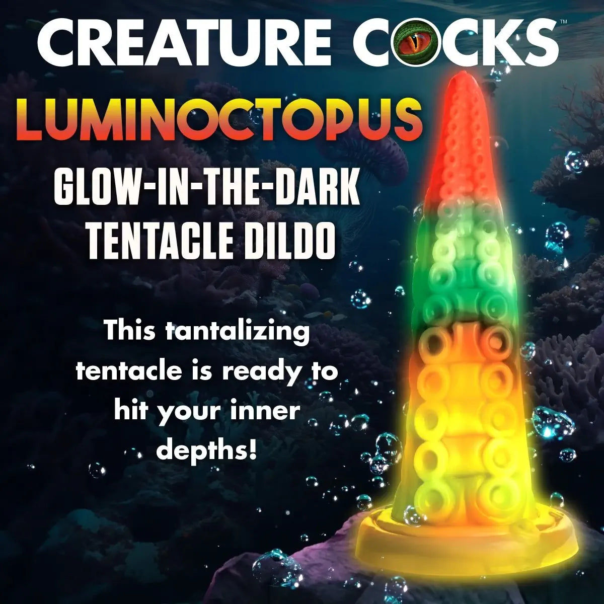 Glow-in-the-dark tentacle dildo with colorful design against an underwater background, featuring 'Creature Cocks' branding.