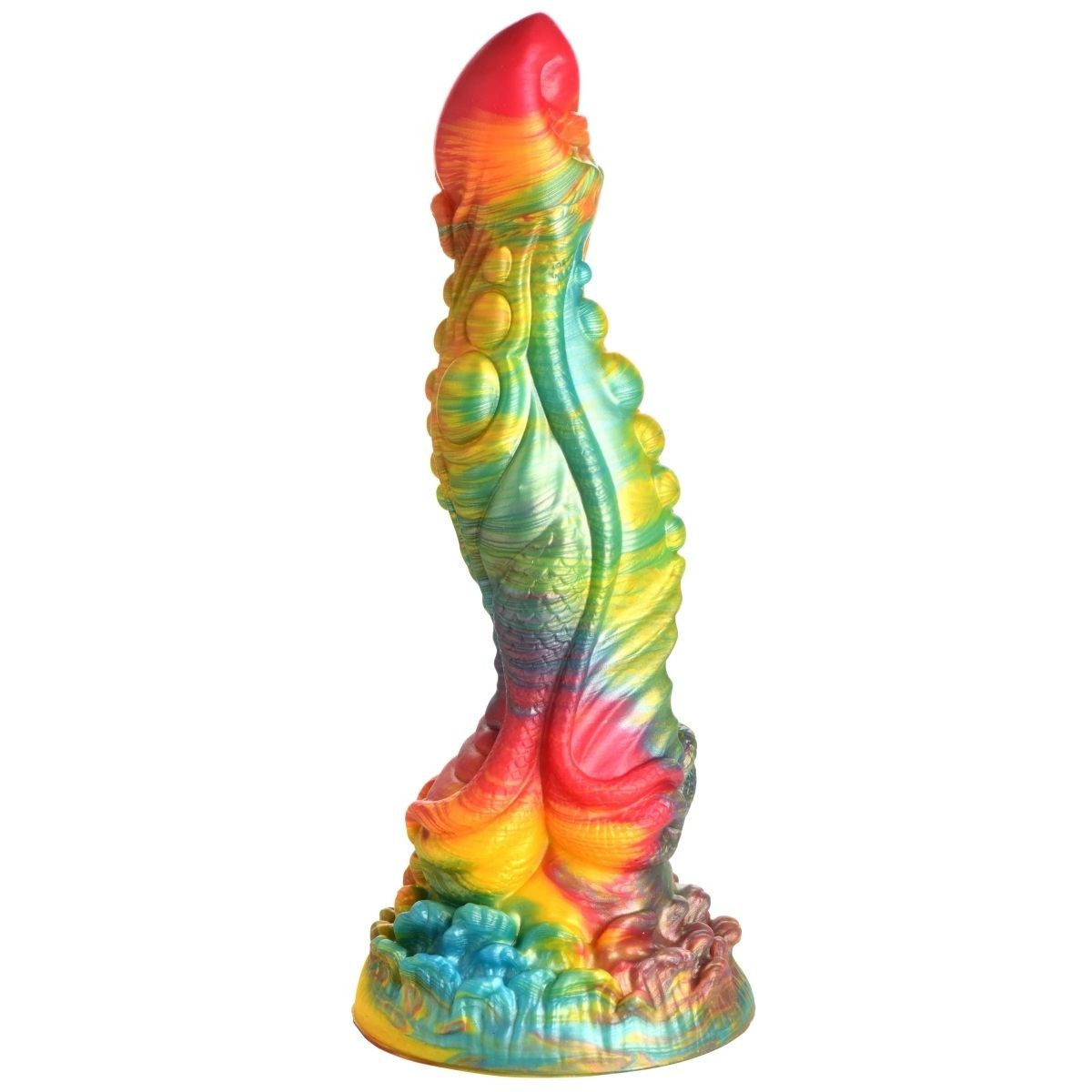 Colorful spiral-shaped dildoon a white background