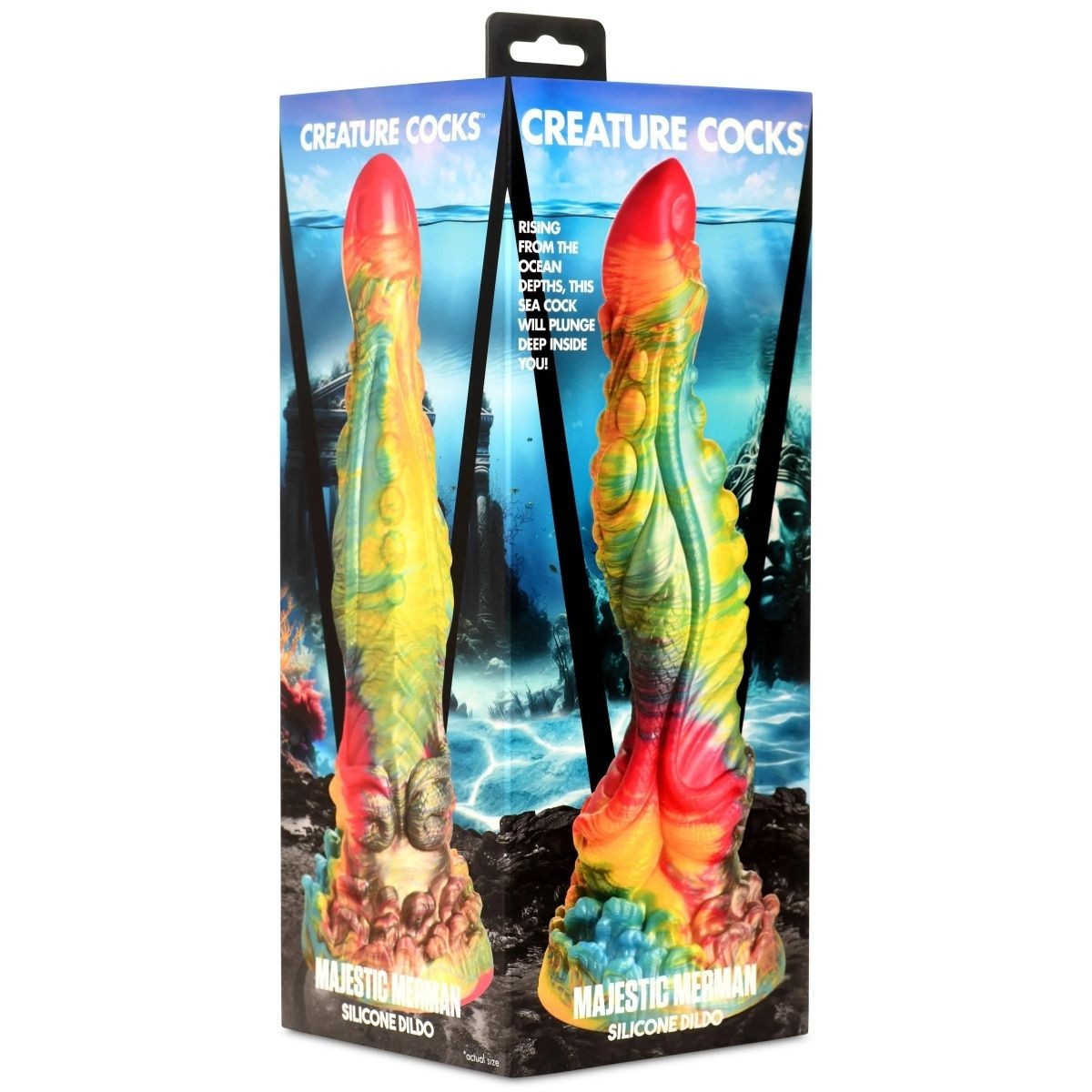 Packaged silicone dildo with colorful design on a white background