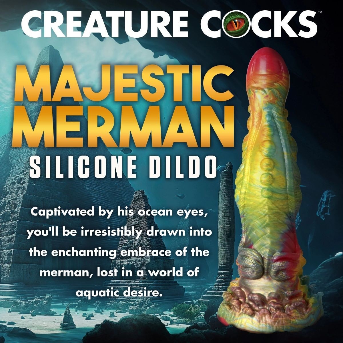 Silicone dildo with merman design in an underwater setting, branded 'Creature Cocks'.