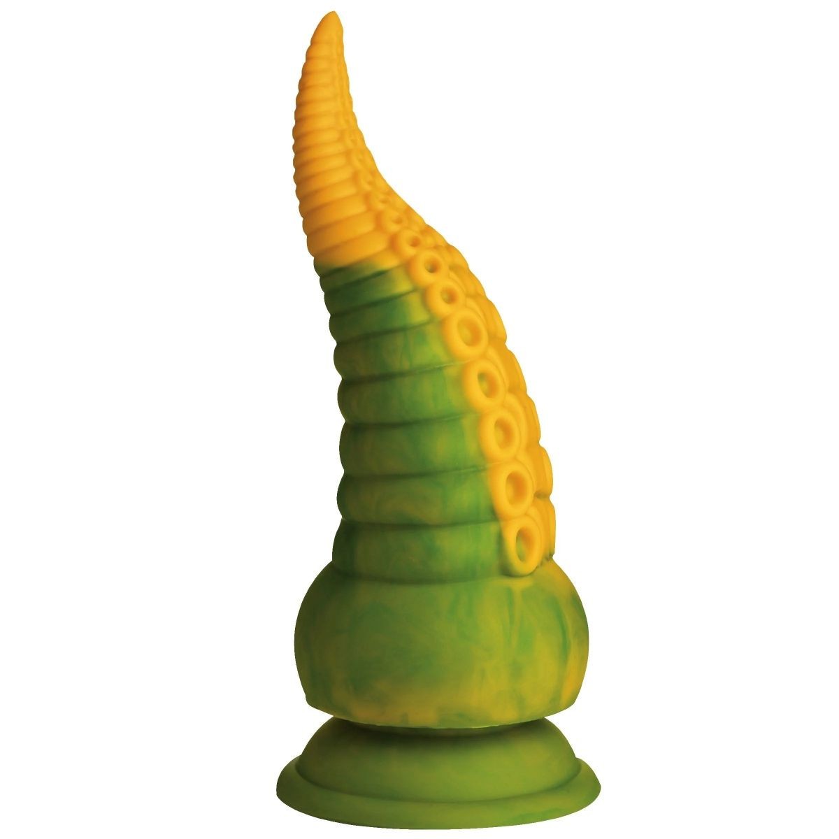 Green and yellow dildo on a white background