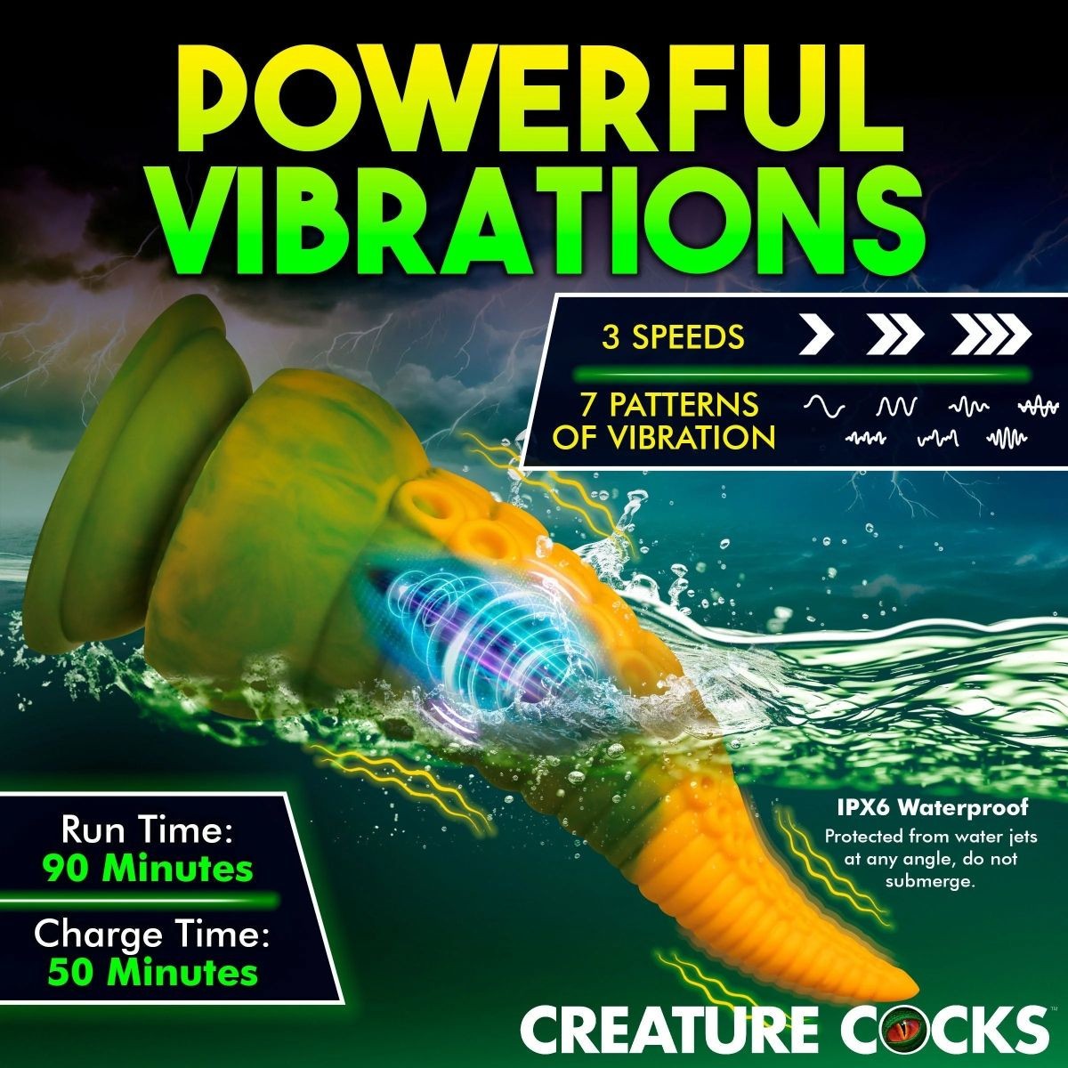 Advertisement for a product labeled 'Powerful Vibrations' with text about speeds, patterns, run time, and charge time.