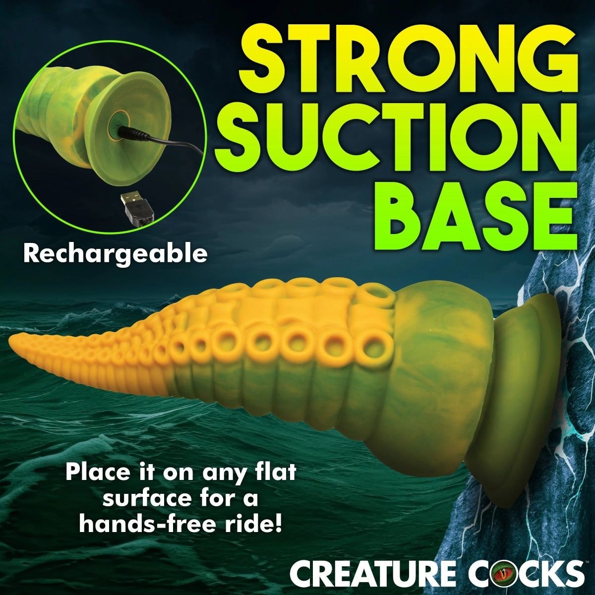 Yellow and green device with 'Strong Suction Base' text on a dark background