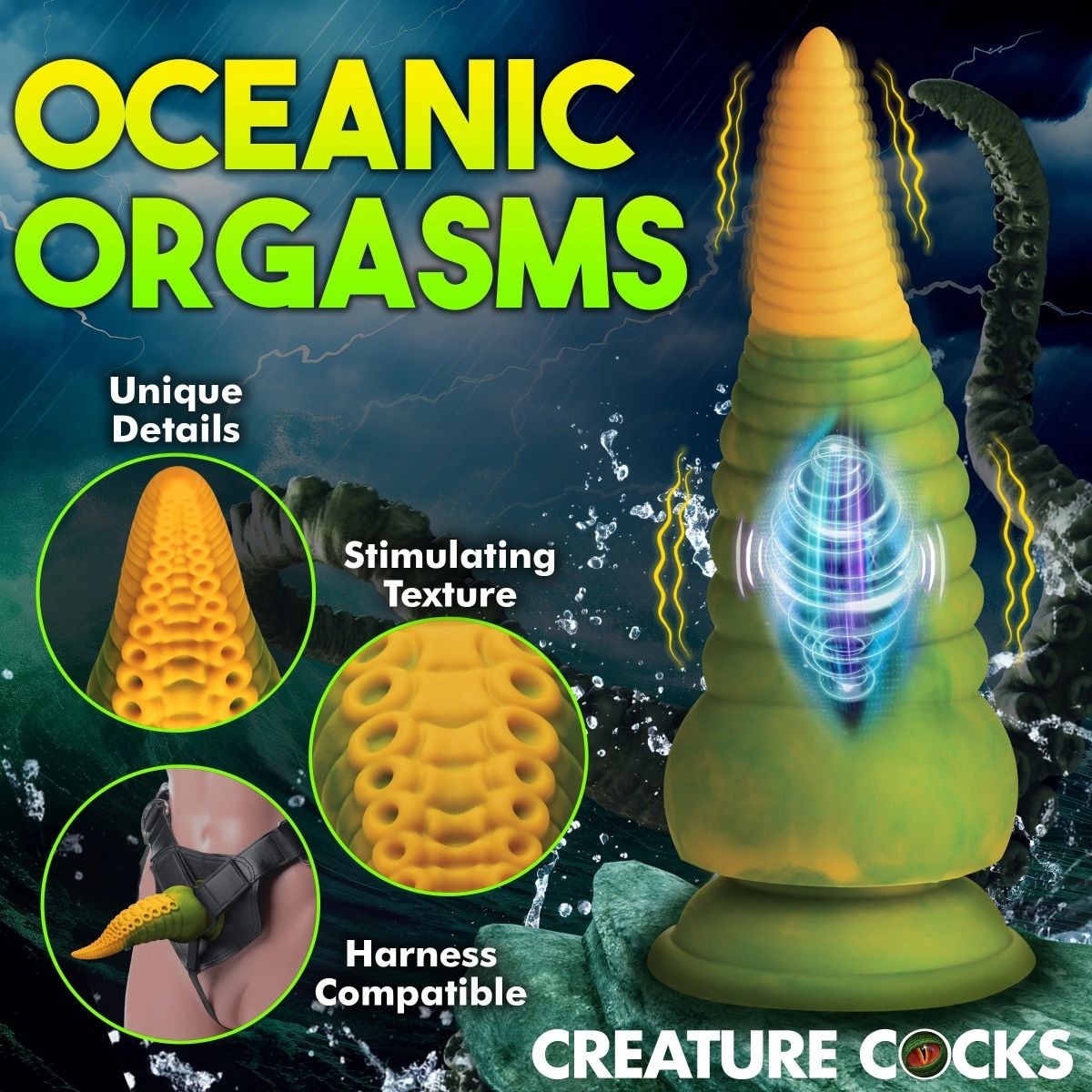 Product advertisement for 'Oceanic Orgasms' with a textured device and text highlighting features.