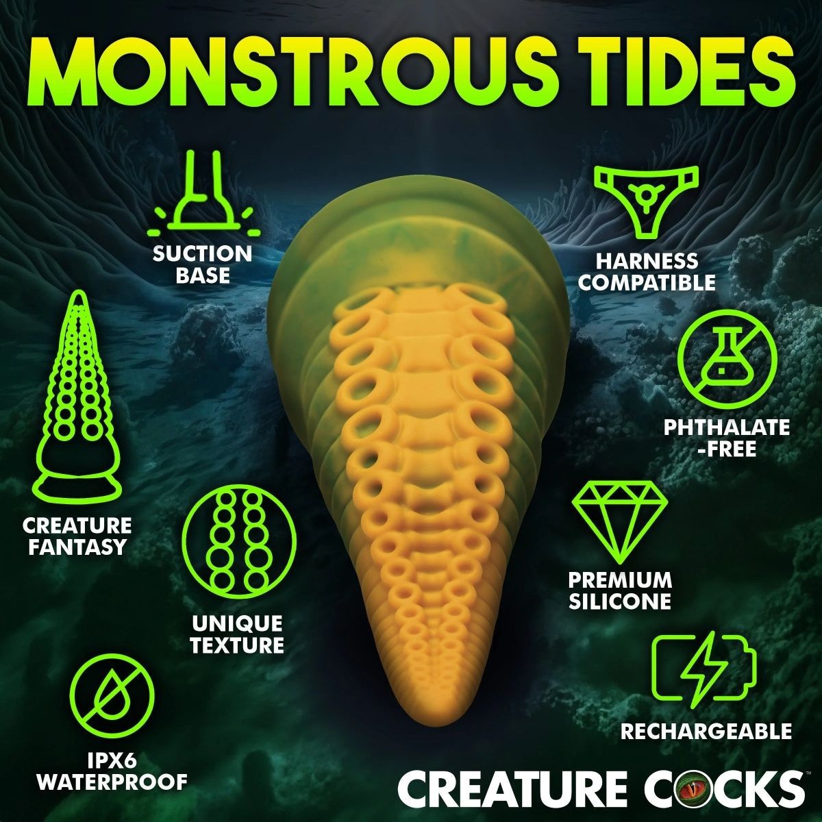 Product with features highlighted on a dark background, labeled 'Monstrous Tides' by Creature Cocks.