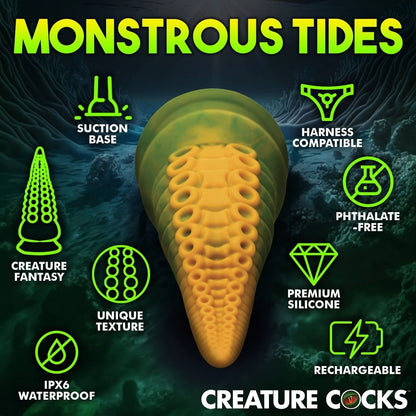 Product with features highlighted on a dark background, labeled 'Monstrous Tides' by Creature Cocks.