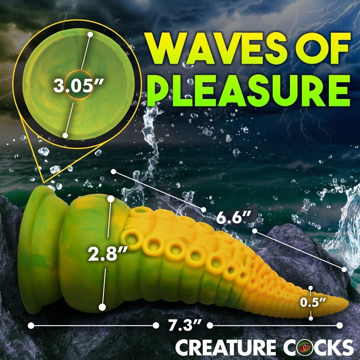 Yellow toy with measurements against a water-themed background, featuring 'Waves of Pleasure' text.
