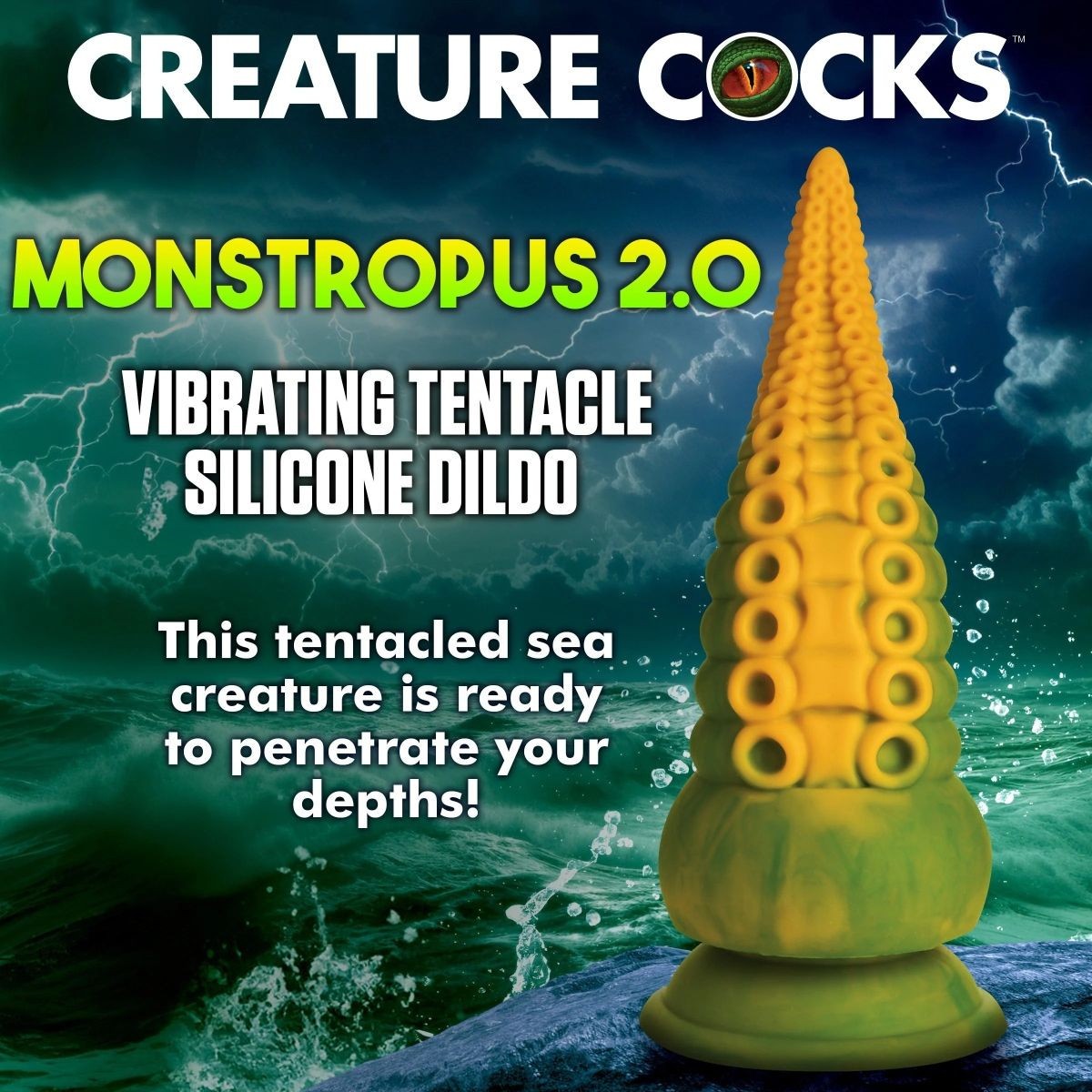 Vibrating tentacle silicone dildo with ocean and stormy sky background, brand 'Creature Cocks' visible.