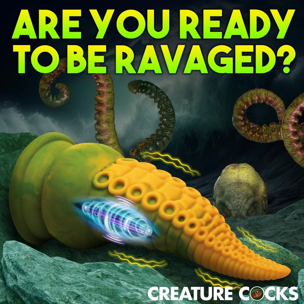 Futuristic creature with glowing tentacle against a dark background, text 'Are you ready to be ravaged?'