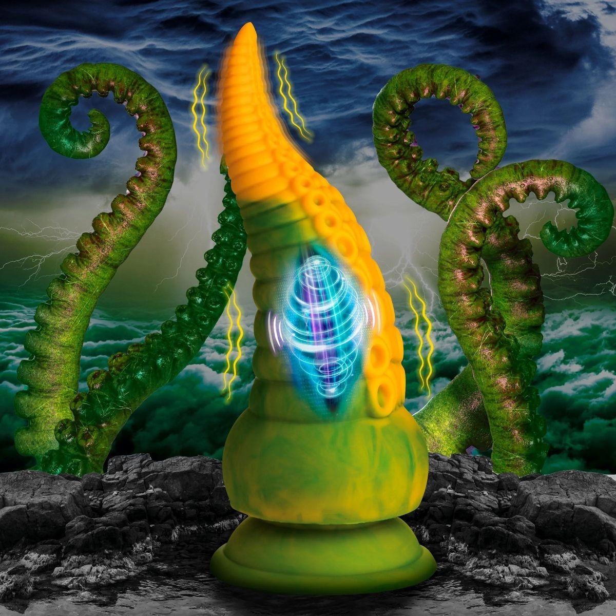 Colorful alien-like creature with a glowing blue core against a dark, oceanic background.