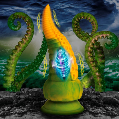 Colorful alien-like creature with a glowing blue core against a dark, oceanic background.