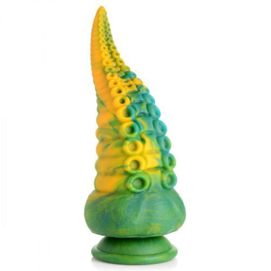 Colorful silicone dildo with a unique design on a white background