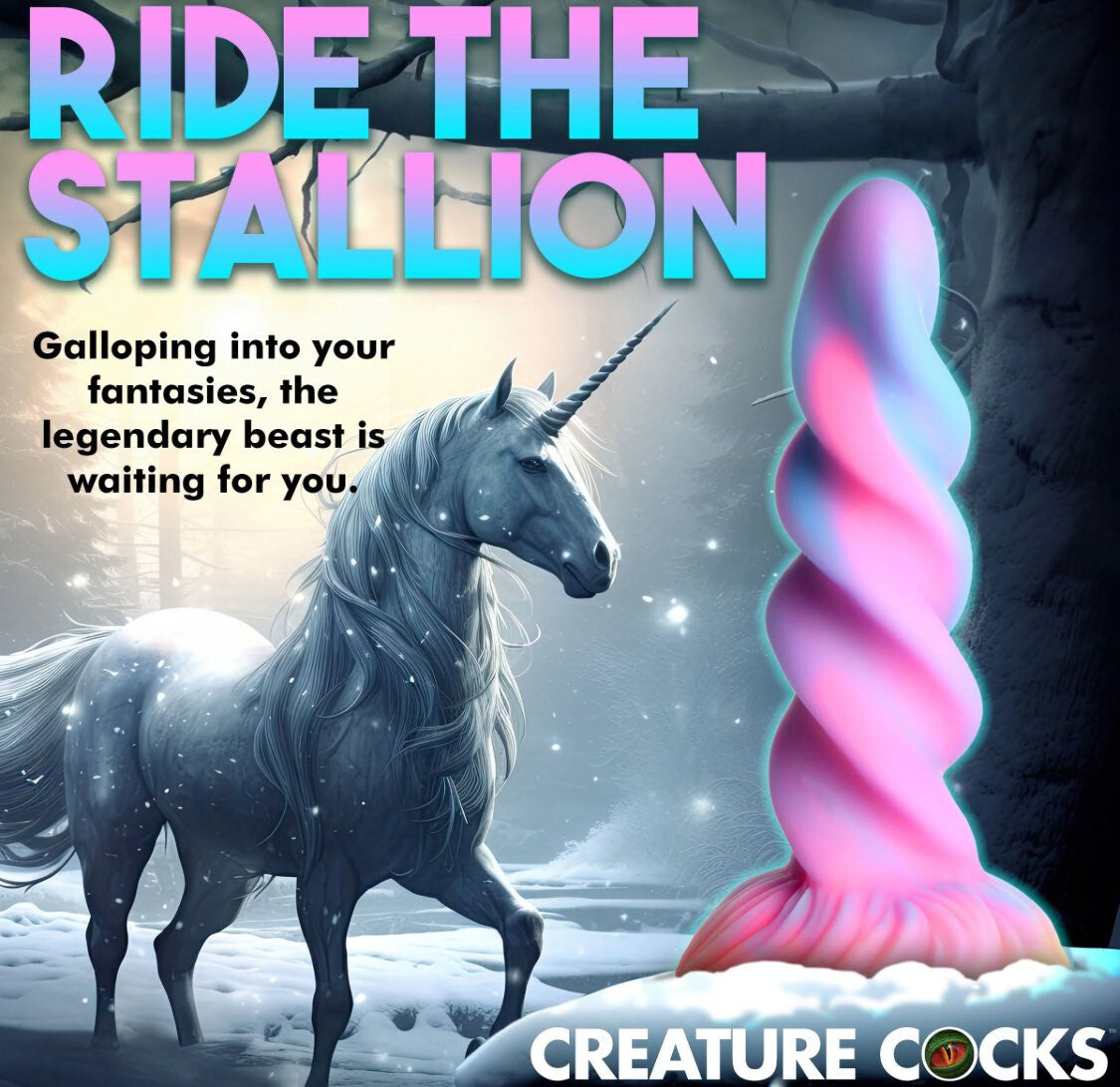 Unicorn-like creature with a pink and purple object labeled 'Ride the Stallion' by Creature Cocks.
