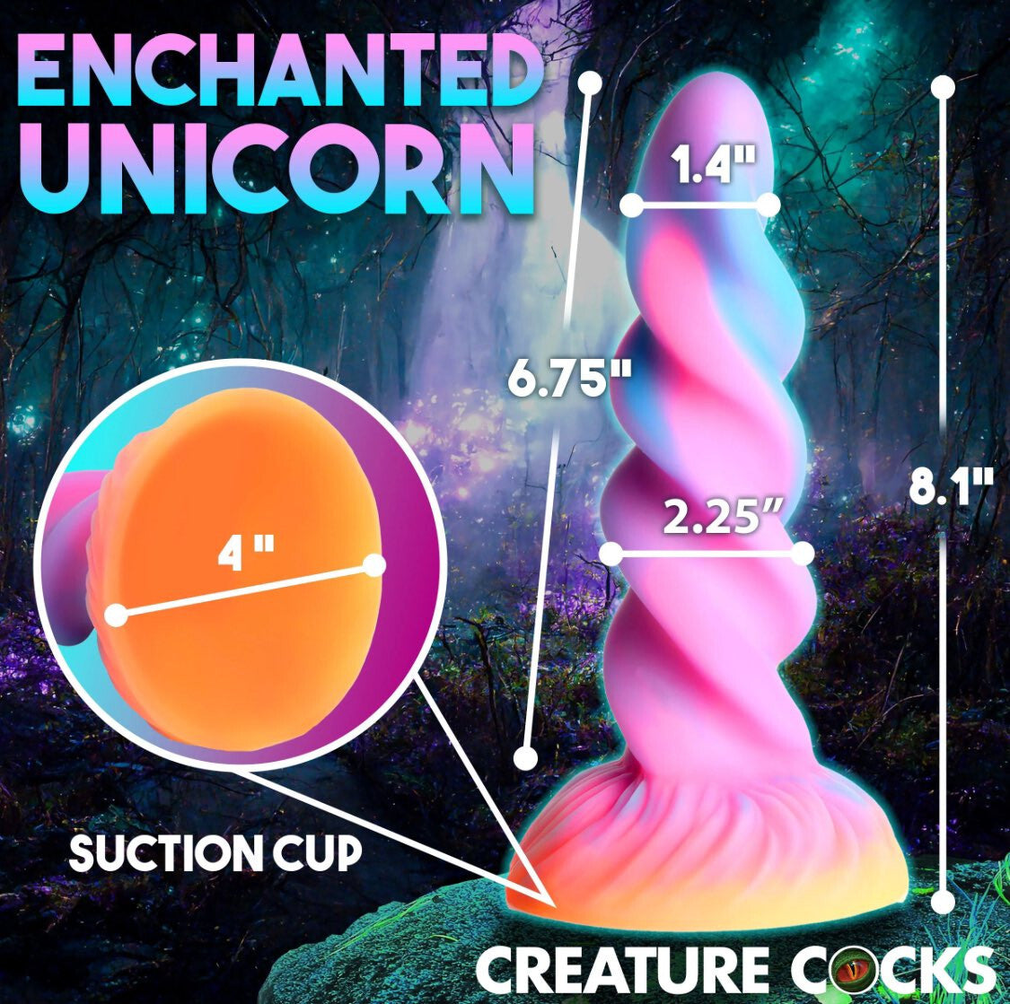 Measurement chart of an 'Enchanted Unicorn' product with a fantasy forest background.