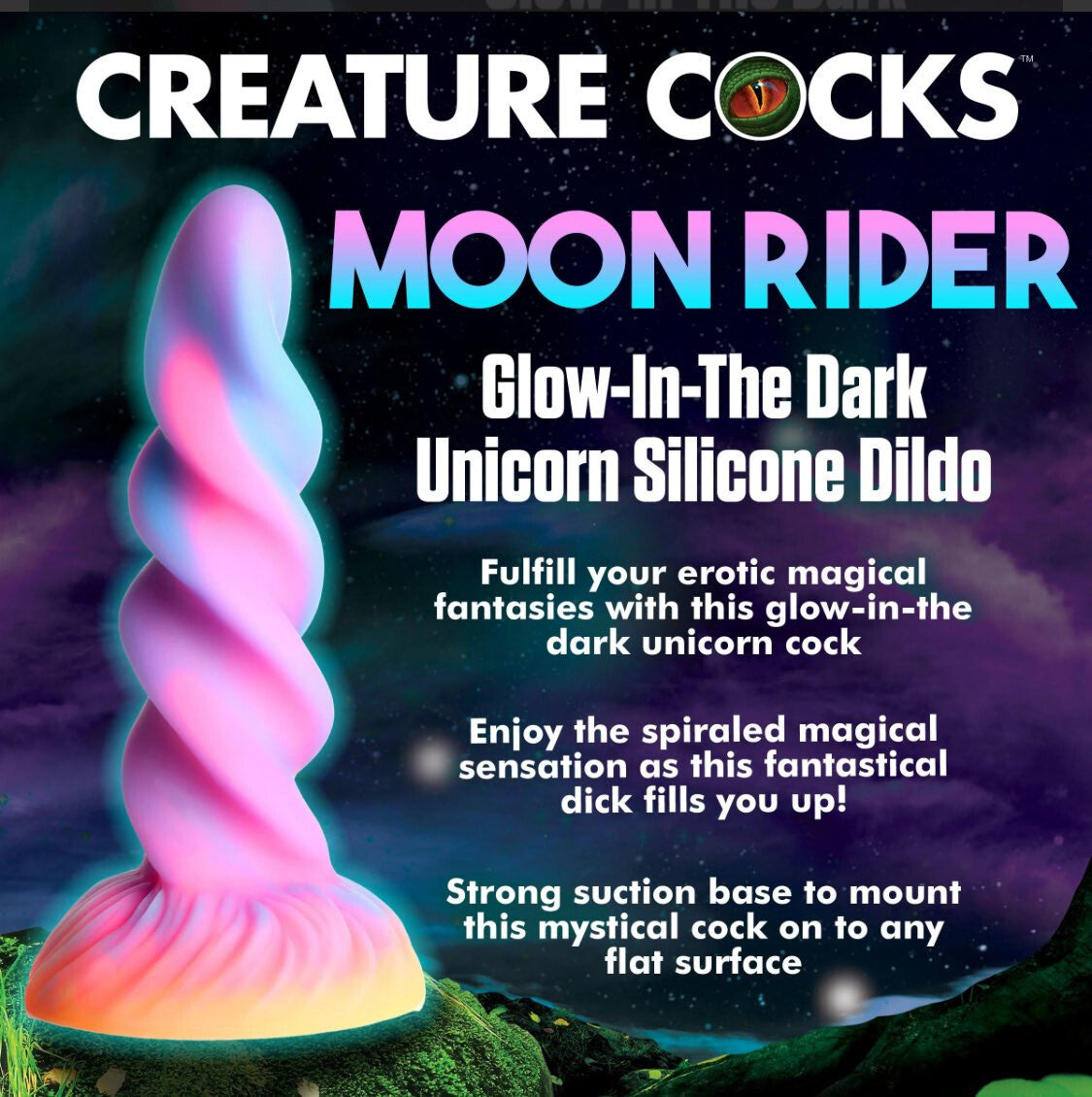 Glow-in-the-dark unicorn silicone dildo with promotional text on a fantasy-themed background