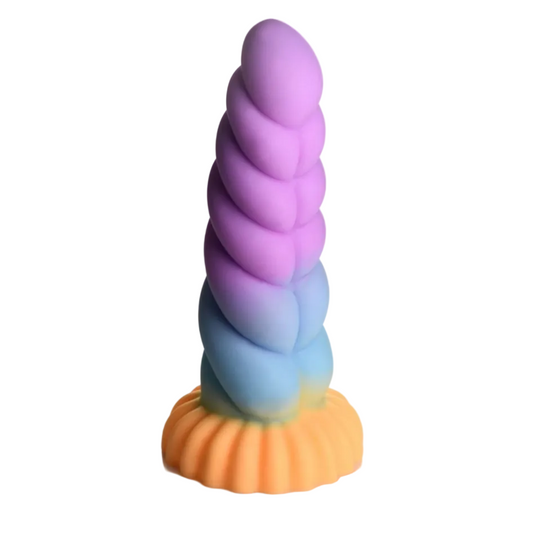 Colorful spiral dildo with a base on a white background
